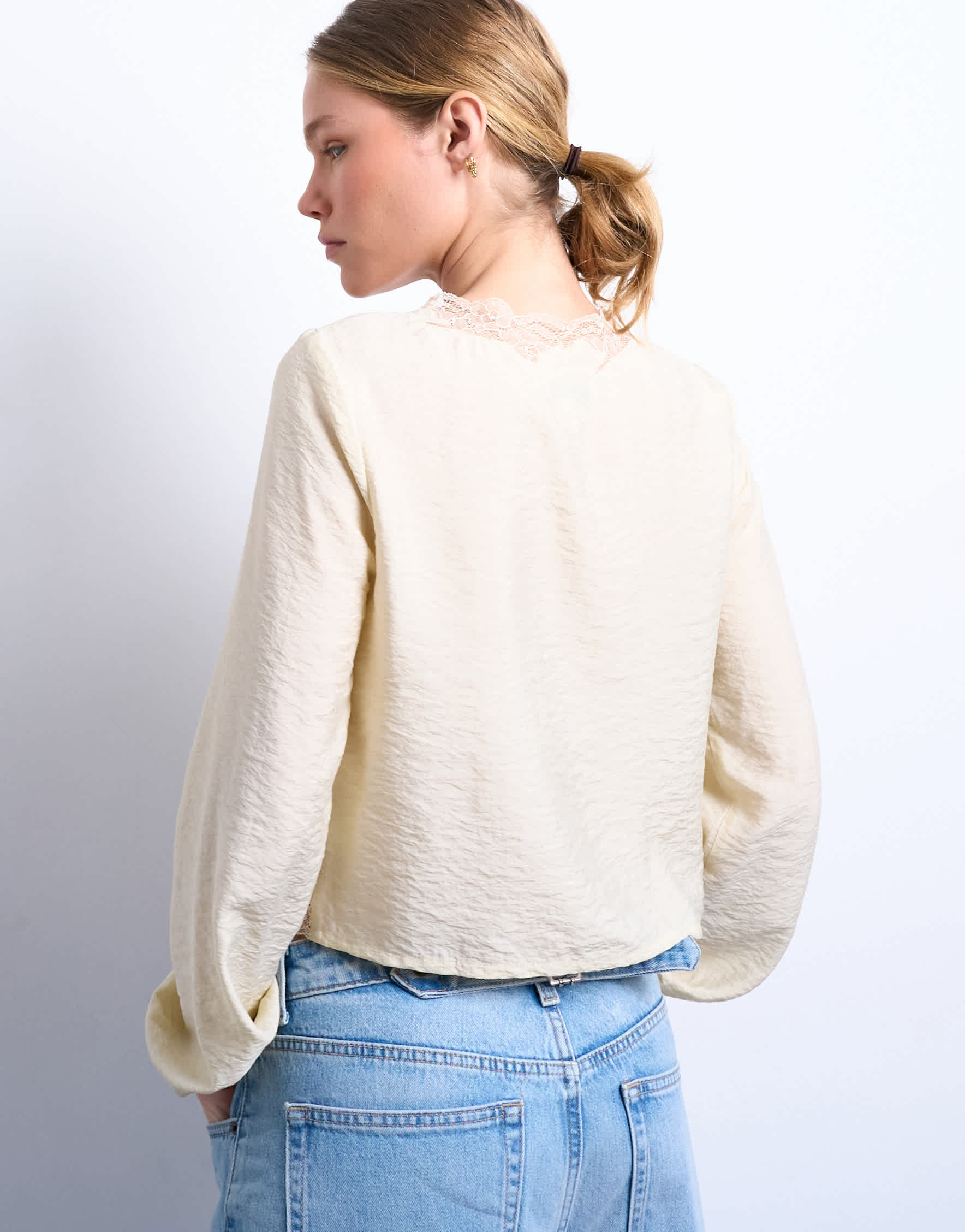 Topshop delicate tie front long sleeve top with lace in oyster