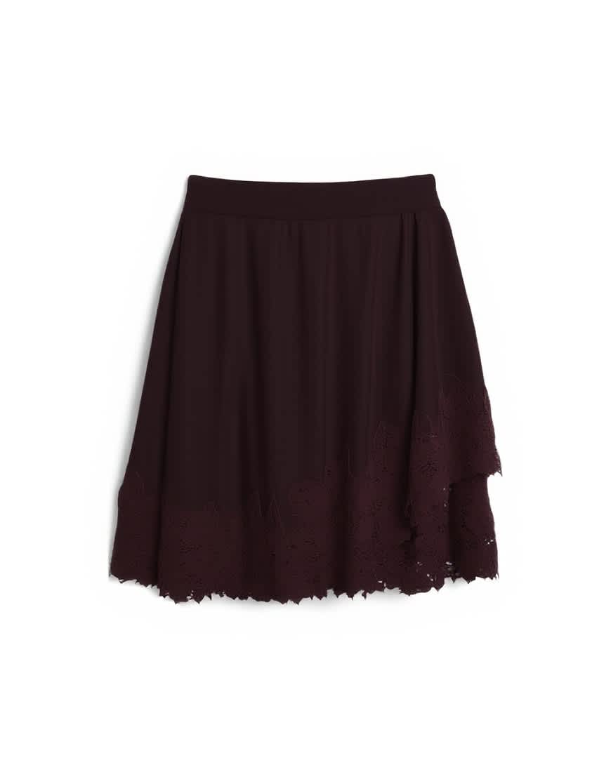 Topshop velvet asymmetric mini skirt with lace trim in chocolate