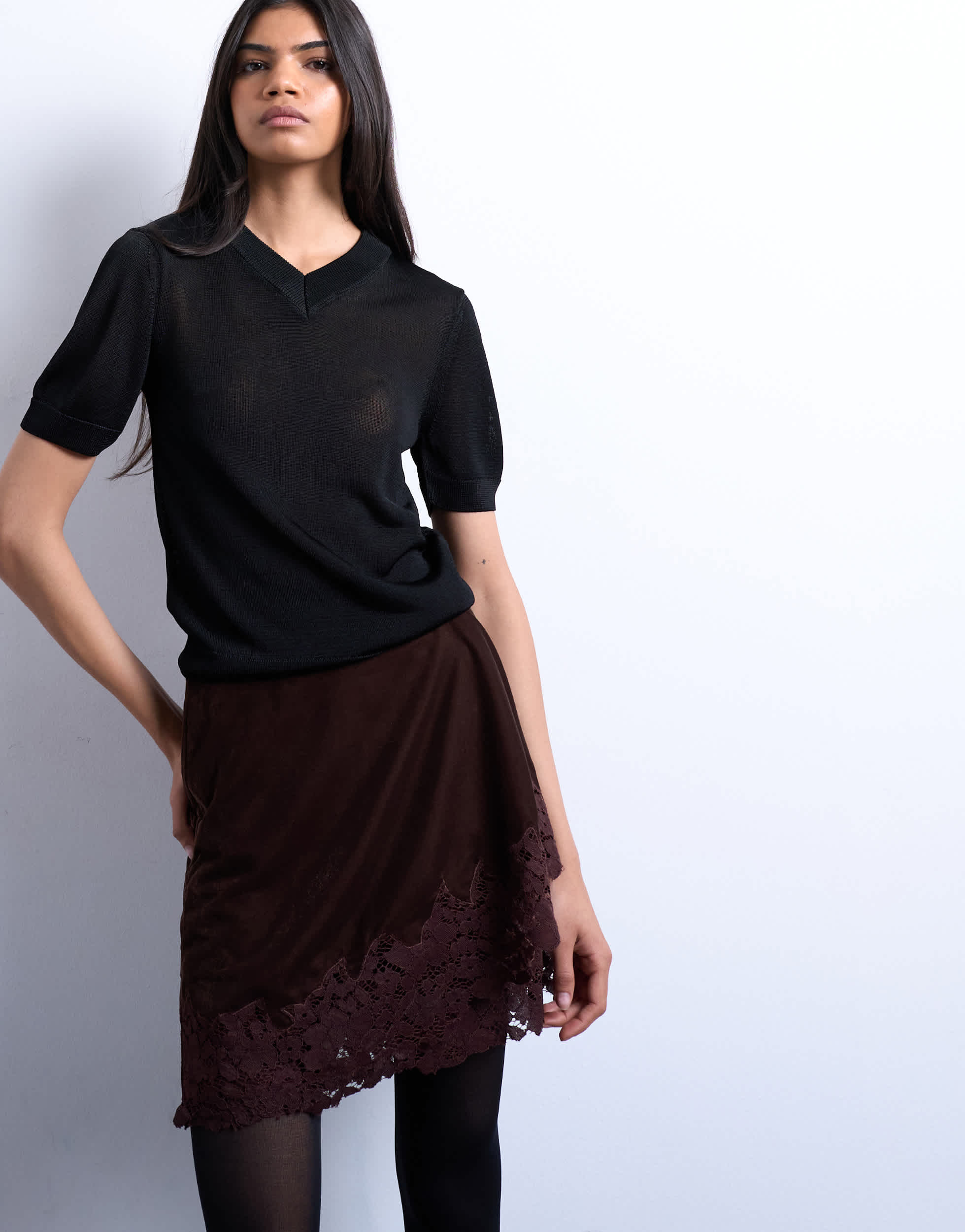 Topshop velvet asymmetric mini skirt with lace trim in chocolate