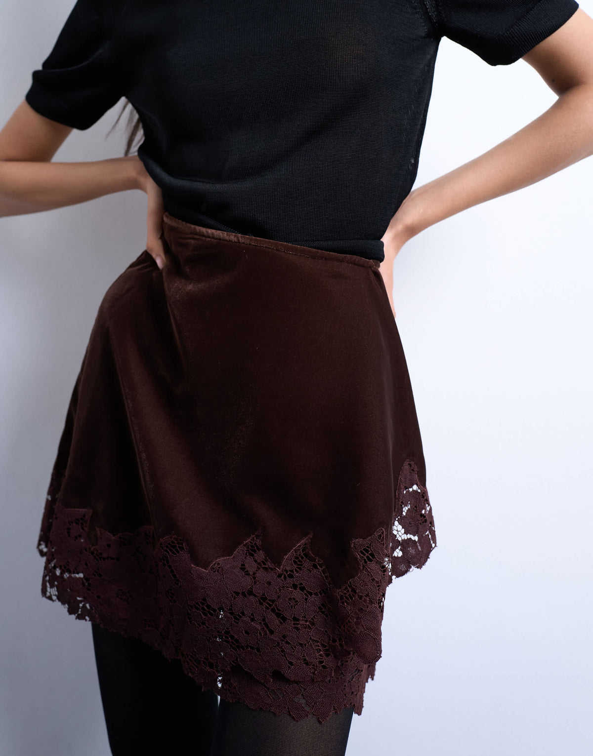Topshop velvet asymmetric mini skirt with lace trim in chocolate