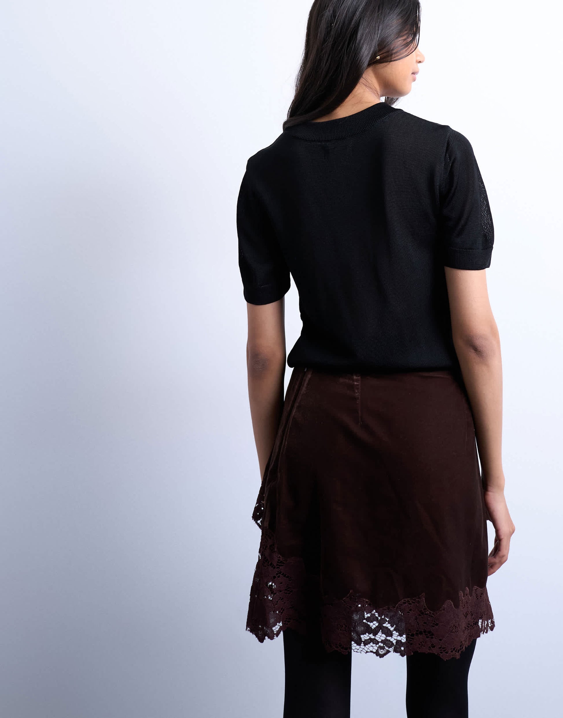 Topshop velvet asymmetric mini skirt with lace trim in chocolate