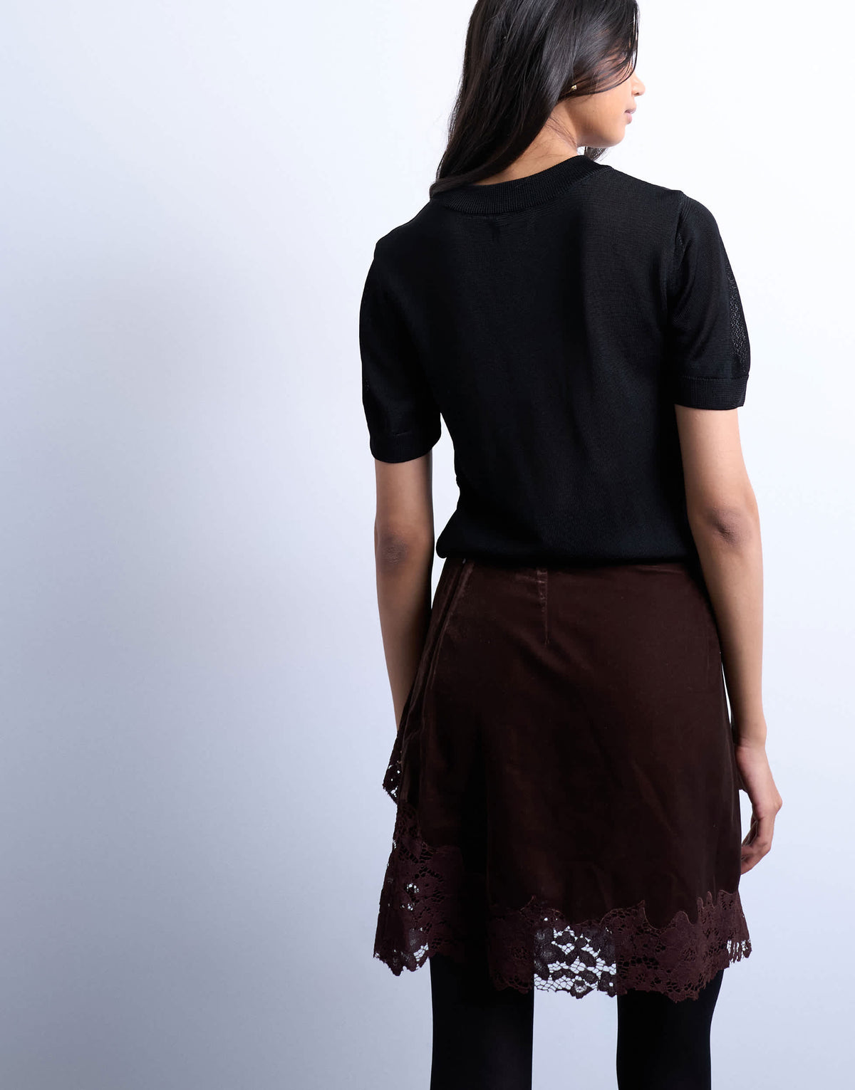 Topshop velvet asymmetric mini skirt with lace trim in chocolate