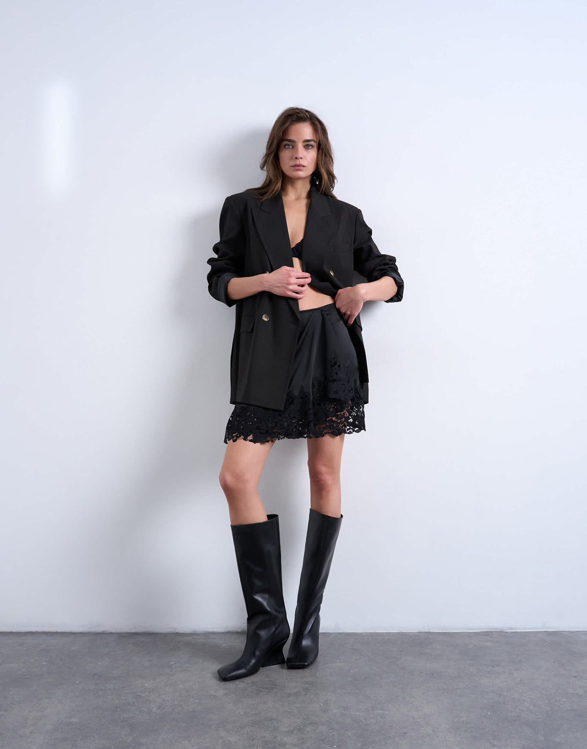 Topshop satin asymmetric mini skirt with lace trim in black