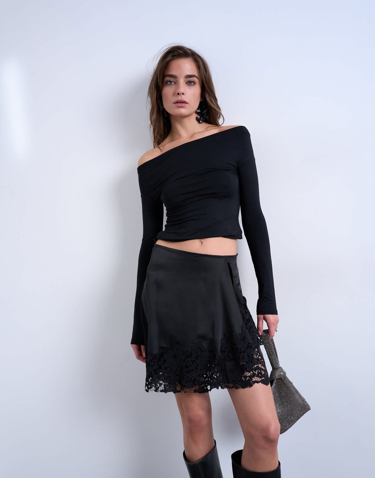 Topshop satin asymmetric mini skirt with lace trim in black