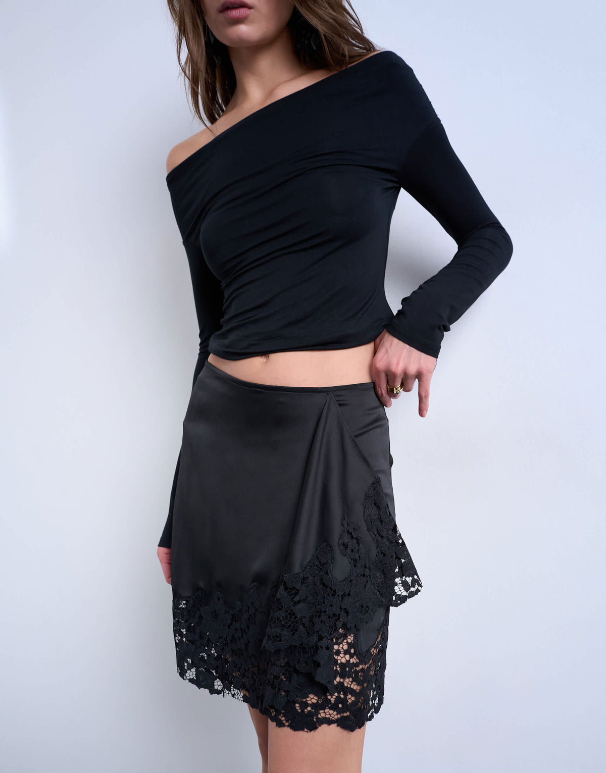 Topshop satin asymmetric mini skirt with lace trim in black