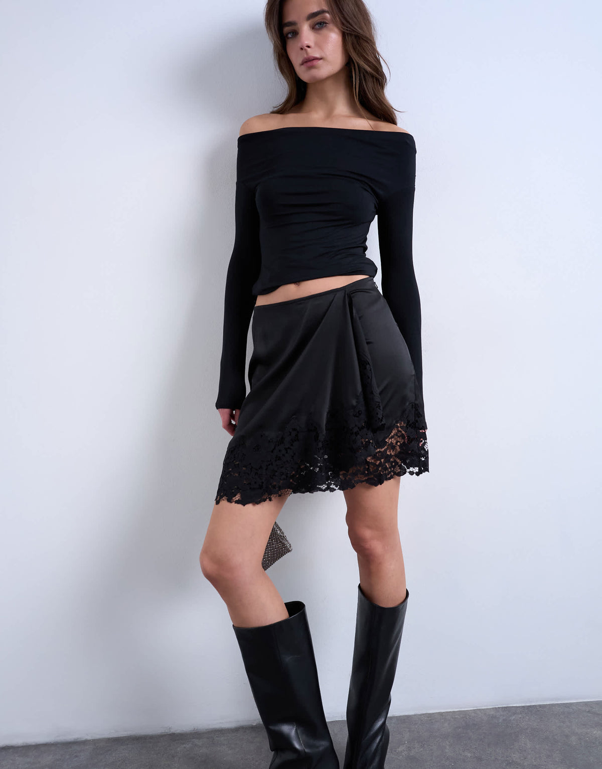 Topshop satin asymmetric mini skirt with lace trim in black