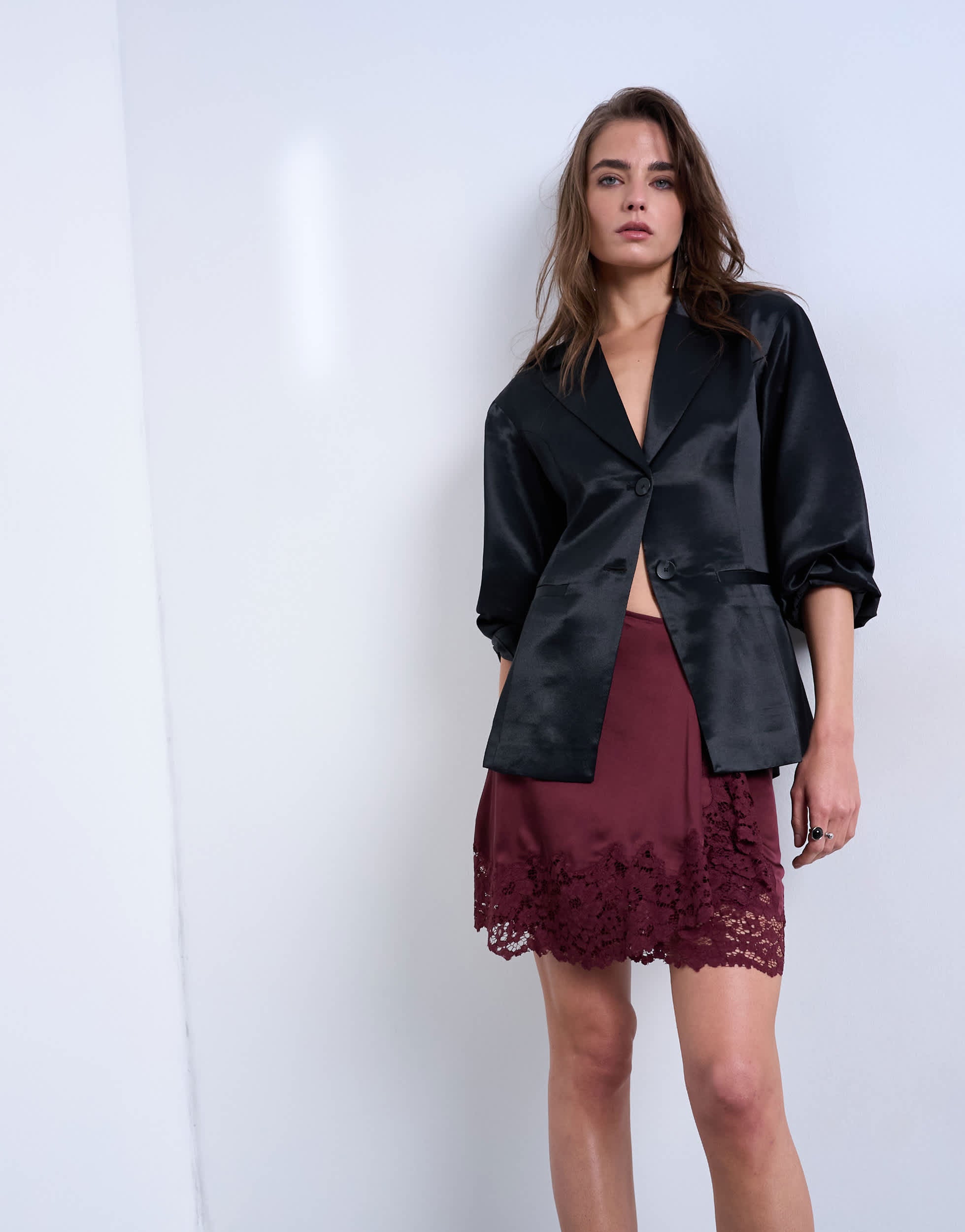 Topshop satin aymmetric mini skirt with lace trim in port royale
