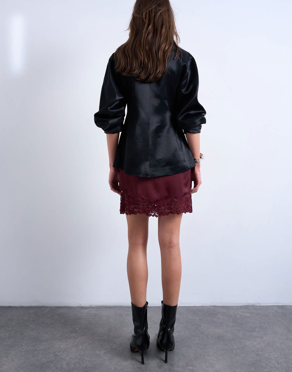 Topshop satin aymmetric mini skirt with lace trim in port royale