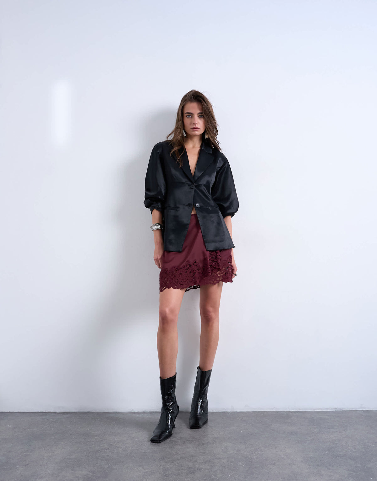 Topshop satin aymmetric mini skirt with lace trim in port royale