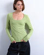 Topshop premium rib long sleeve wide scoop neck top in green