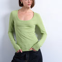 Topshop premium rib long sleeve wide scoop neck top in green