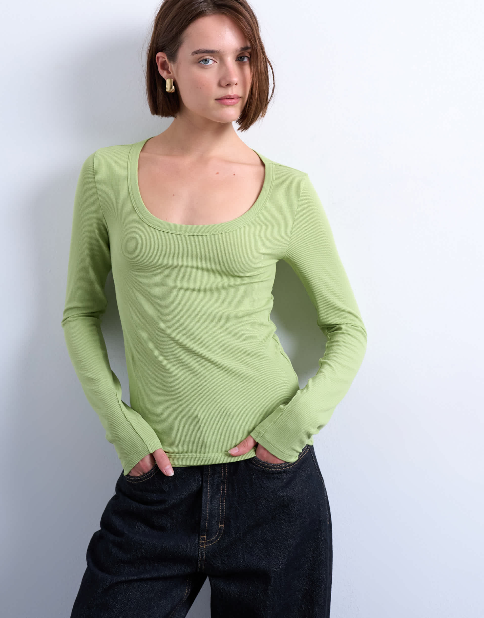 Topshop premium rib long sleeve wide scoop neck top in green