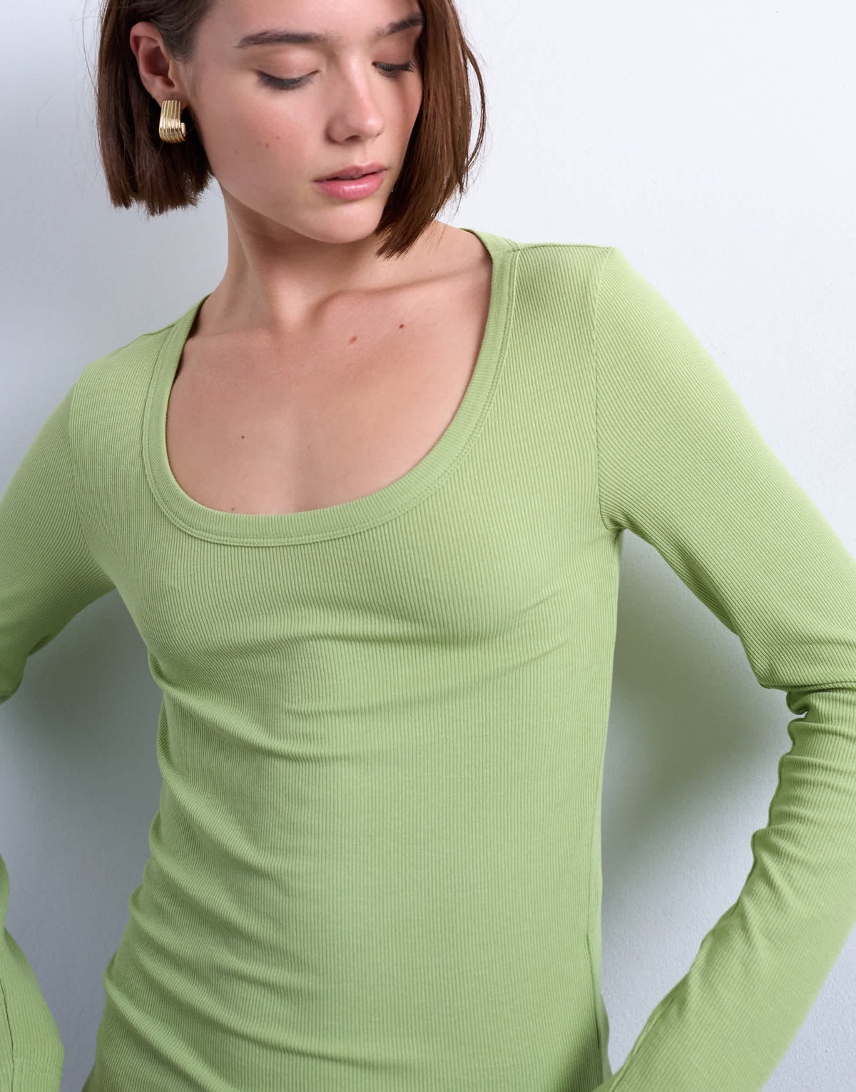 Topshop premium rib long sleeve wide scoop neck top in green