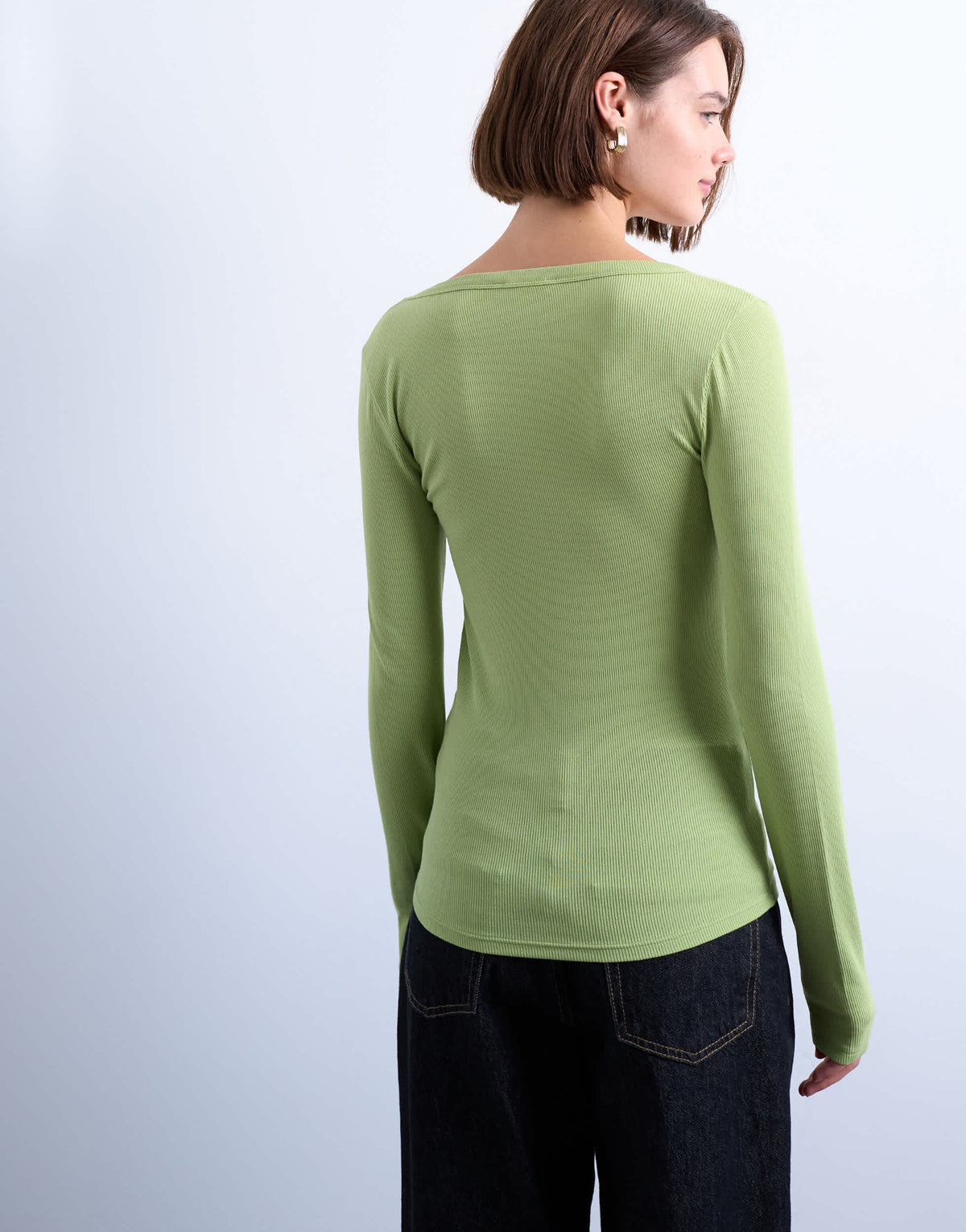 Topshop premium rib long sleeve wide scoop neck top in green
