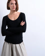 Topshop premium rib long sleeve wide scoop neck top in black