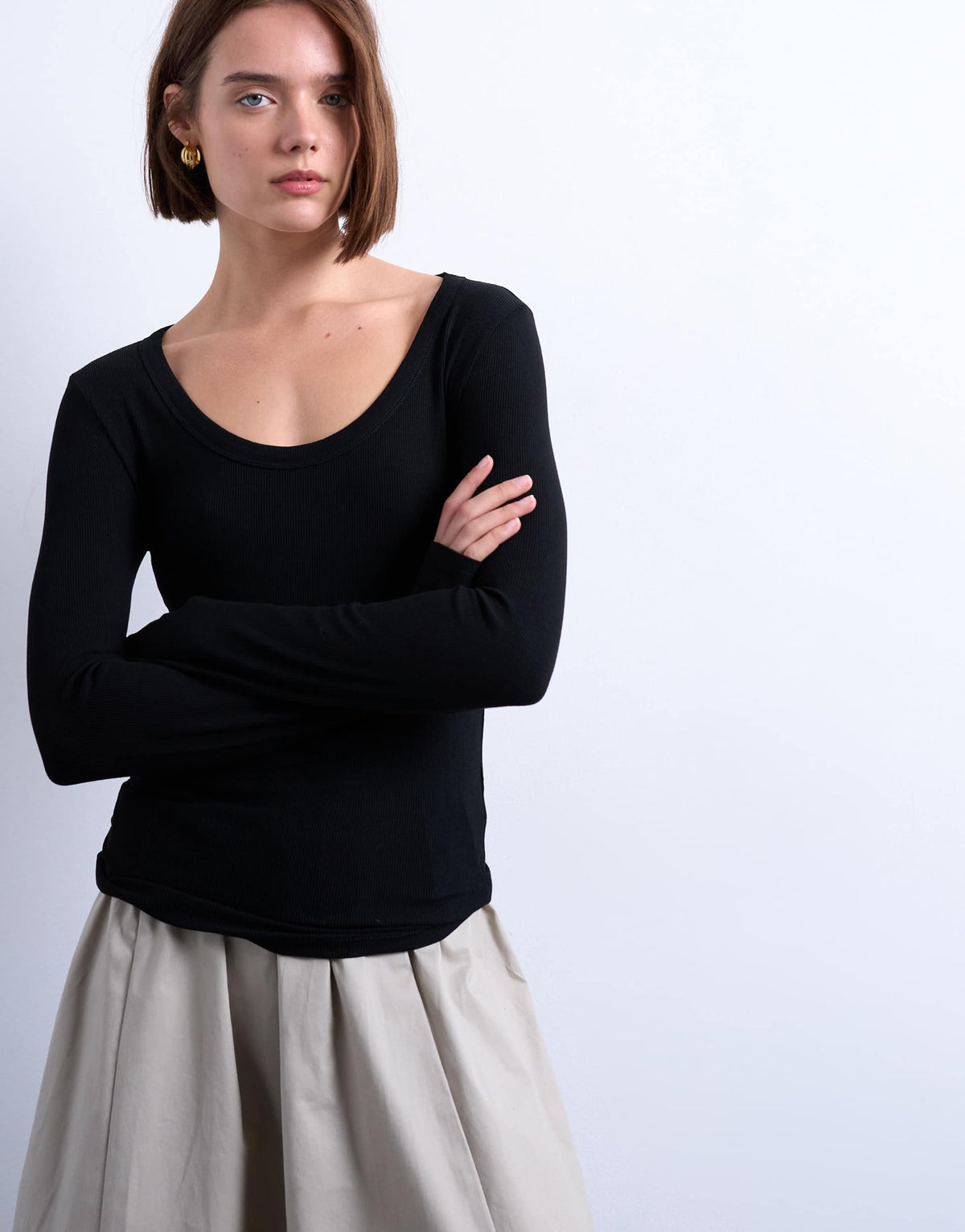 Topshop premium rib long sleeve wide scoop neck top in black