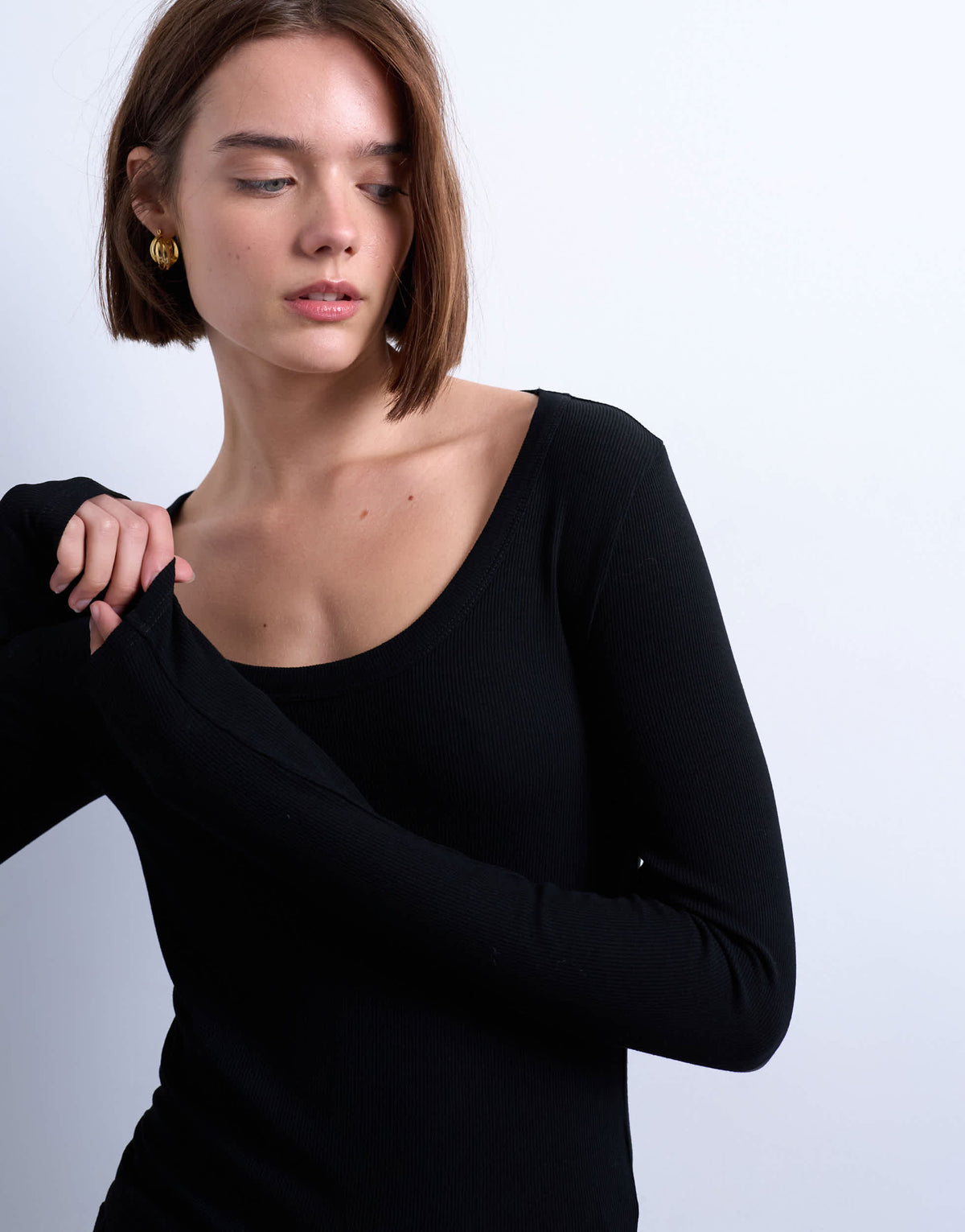 Topshop premium rib long sleeve wide scoop neck top in black