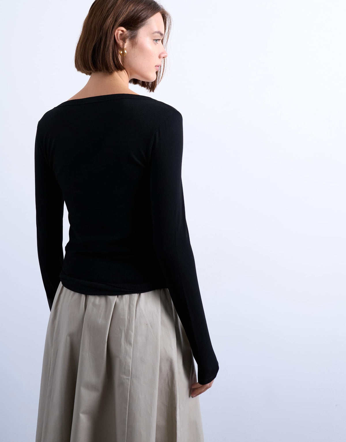 Topshop premium rib long sleeve wide scoop neck top in black