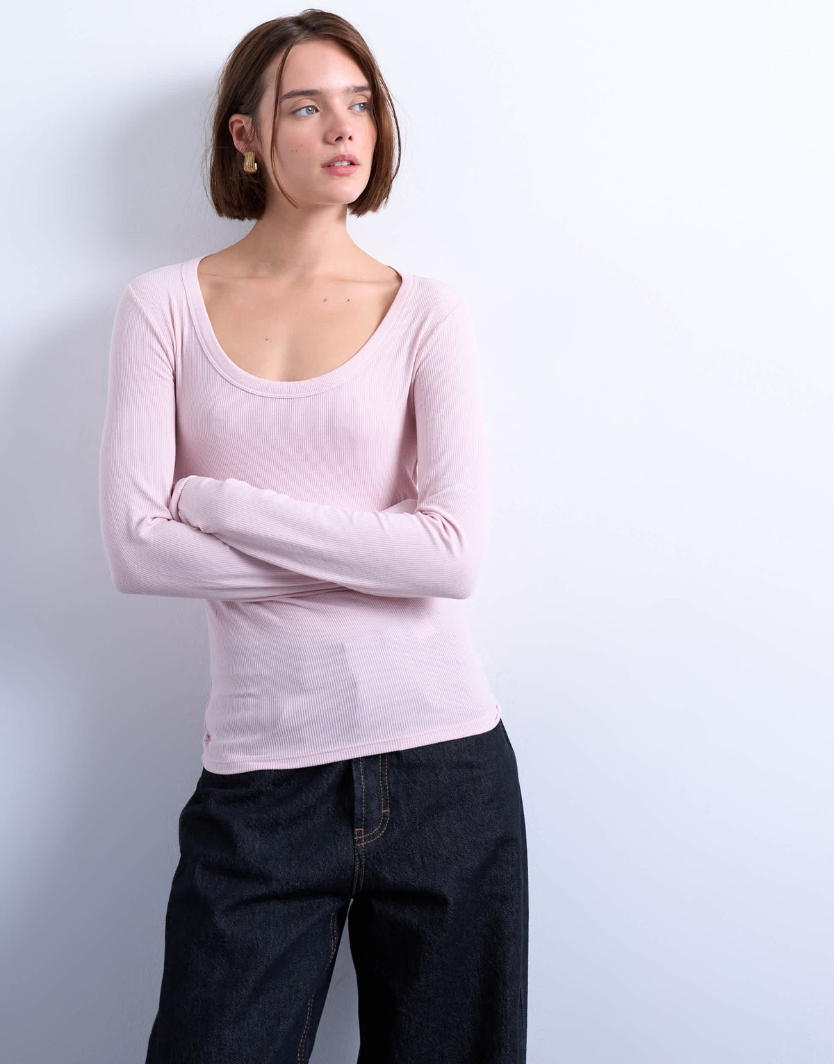 Topshop premium rib long sleeve wide scoop neck top in light pink