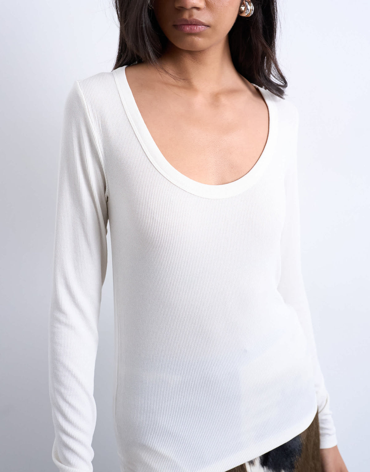 Topshop premium rib long sleeve wide scoop neck top in ecru