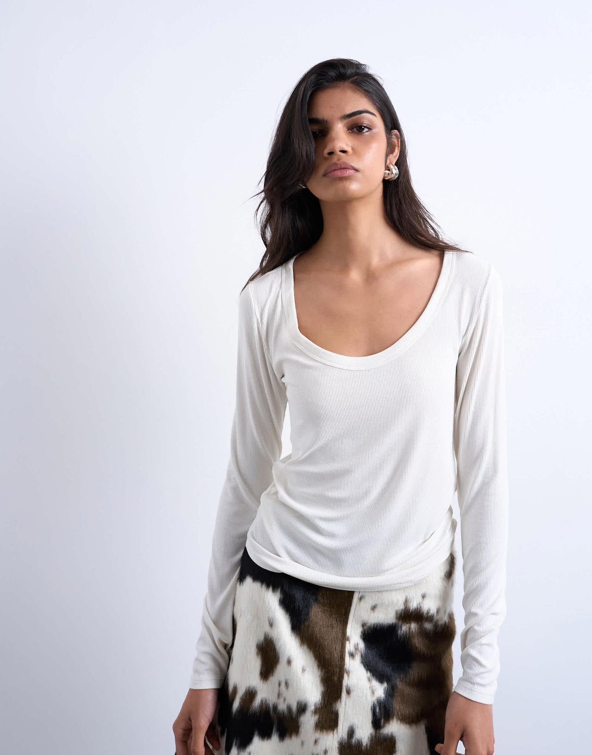 Topshop premium rib long sleeve wide scoop neck top in ecru