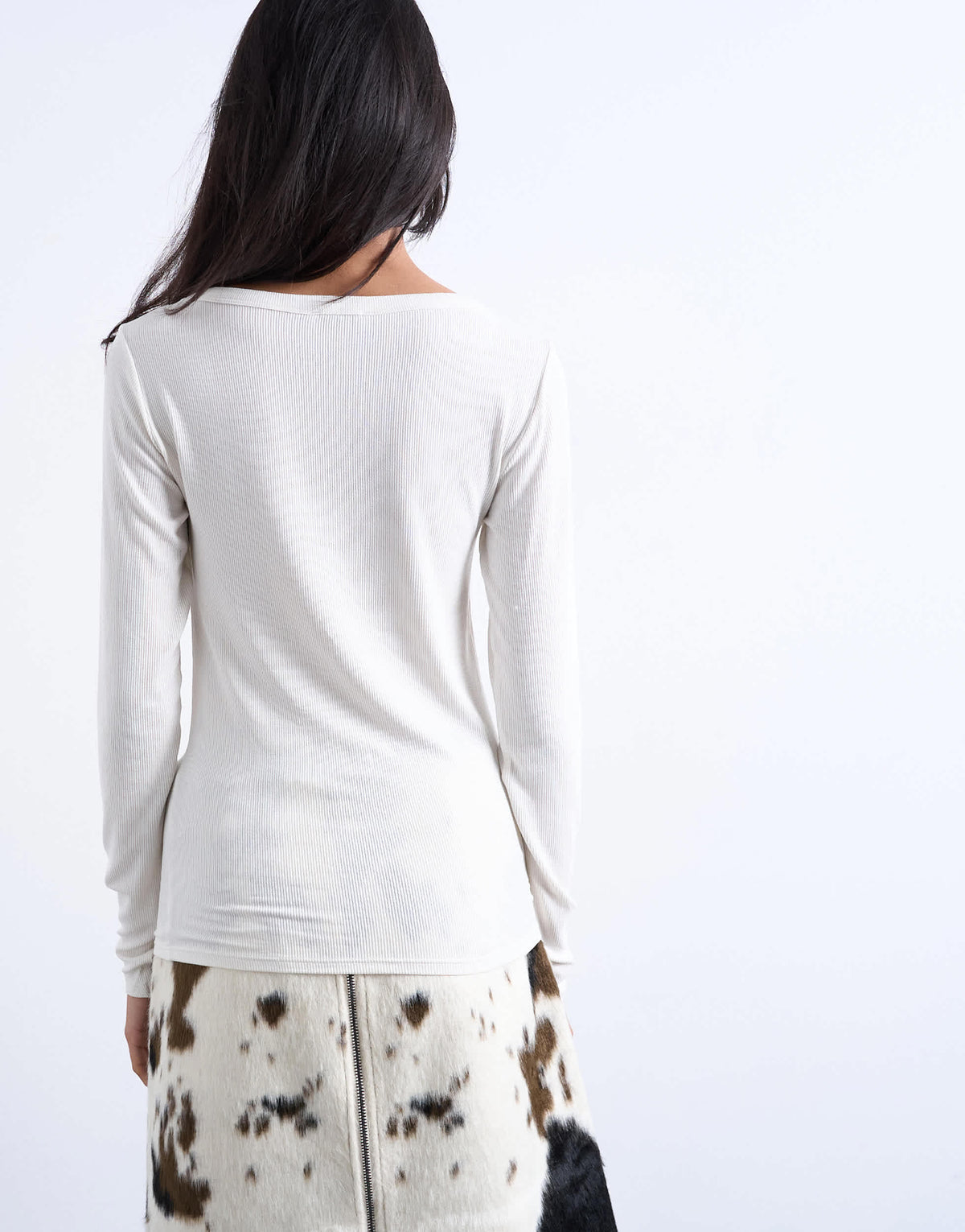Topshop premium rib long sleeve wide scoop neck top in ecru