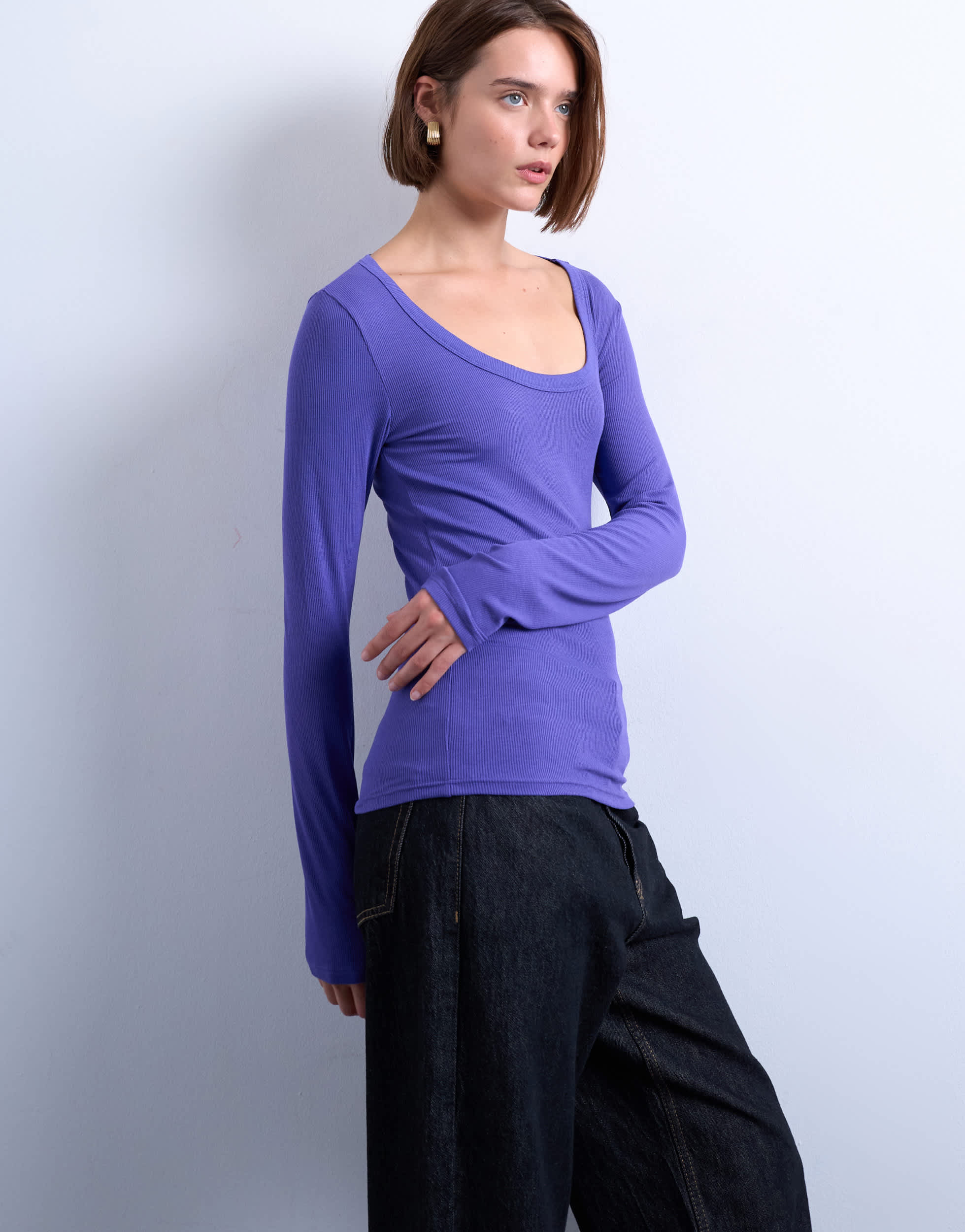 Topshop premium rib long sleeve wide scoop neck top in purple