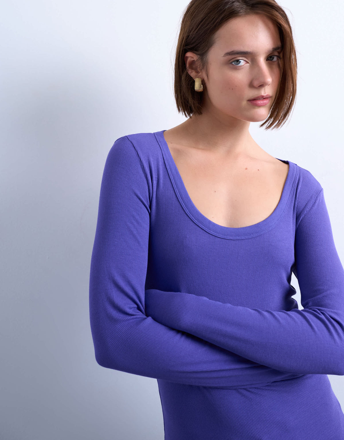 Topshop premium rib long sleeve wide scoop neck top in purple