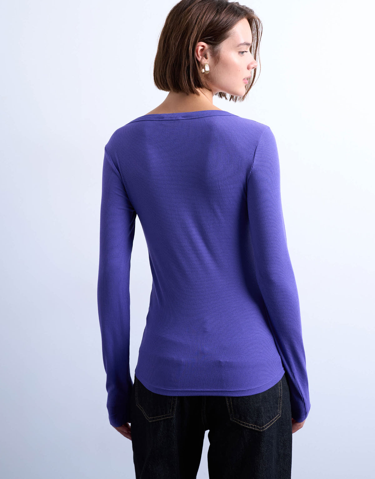 Topshop premium rib long sleeve wide scoop neck top in purple