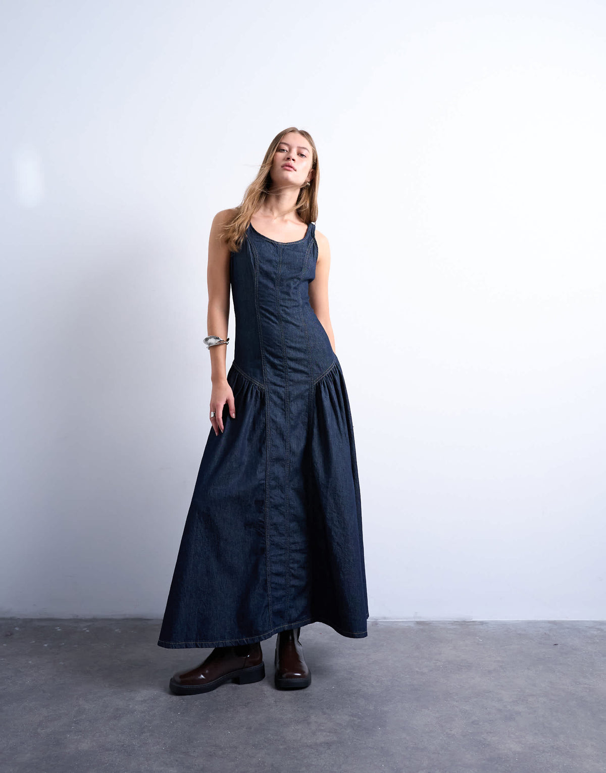 Topshop denim seam detail maxi dress in indigo rinse