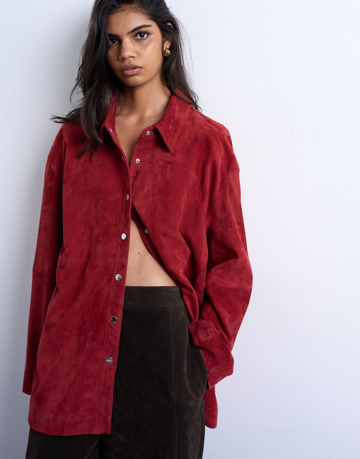 Topshop co-ord real suede shirt in burgundy