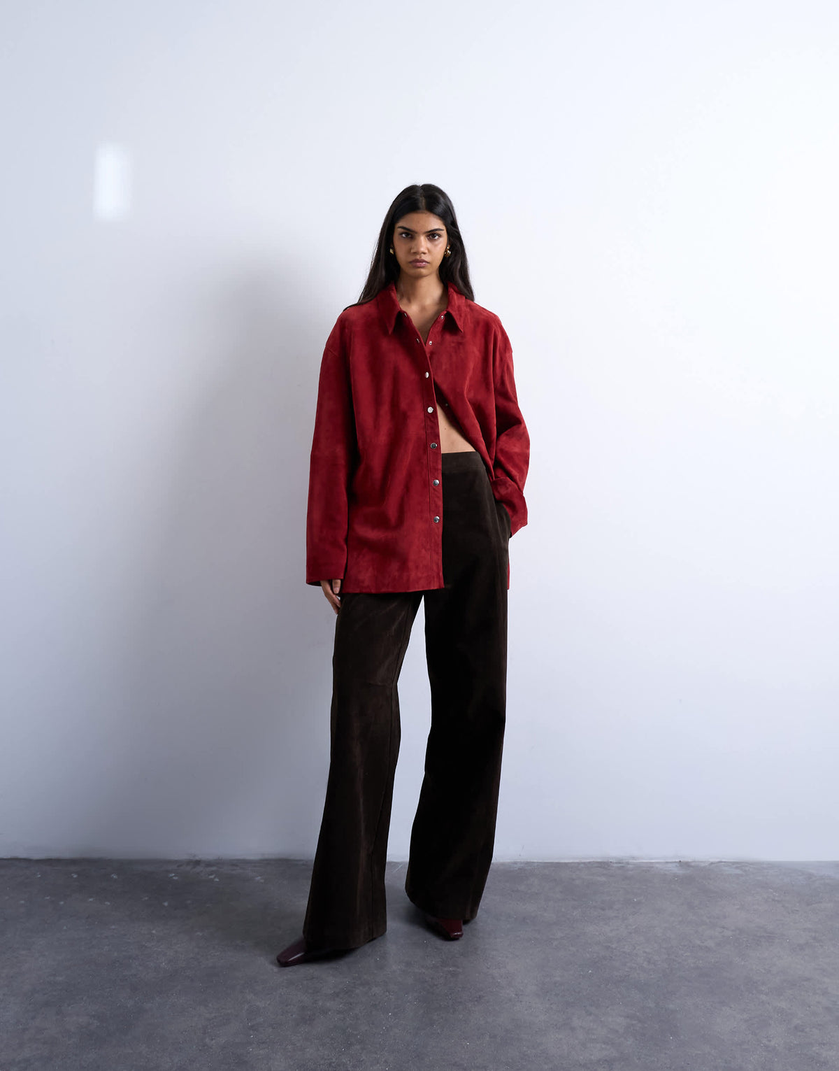 Topshop co-ord real suede shirt in burgundy