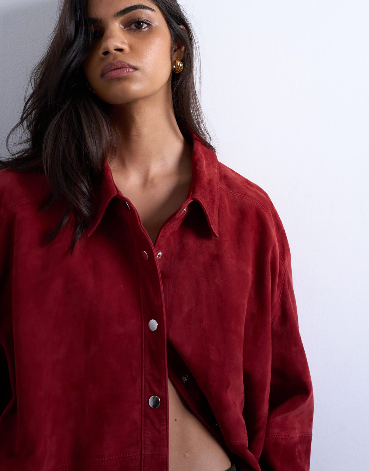 Topshop co-ord real suede shirt in burgundy
