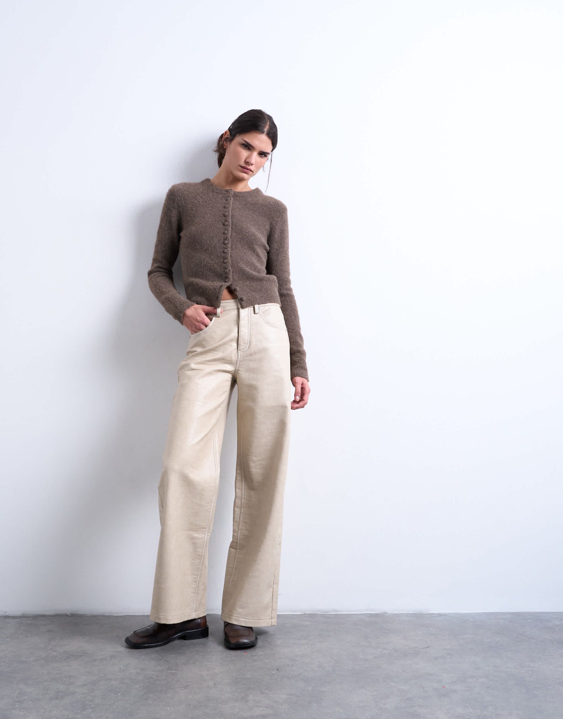 Topshop faux leather A line trouser in ecru