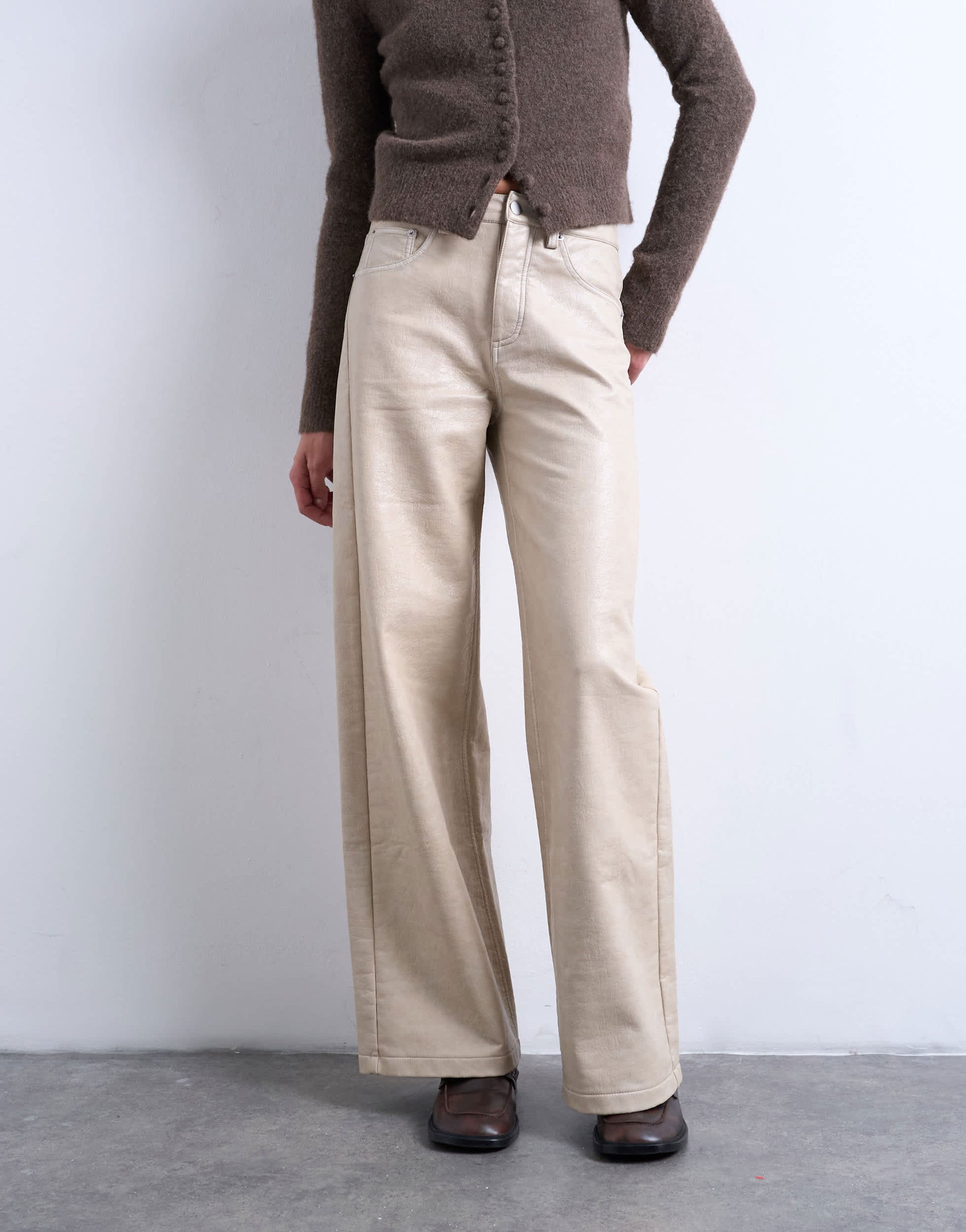 Topshop faux leather A line trouser in ecru