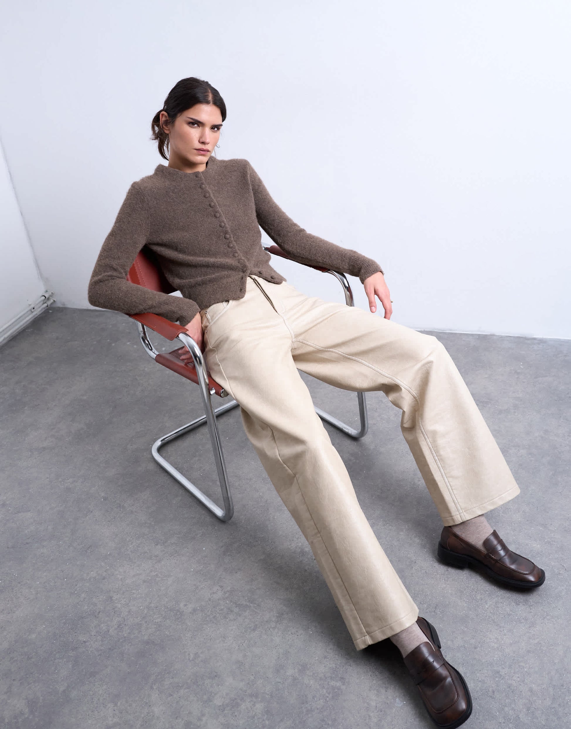 Topshop faux leather A line trouser in ecru