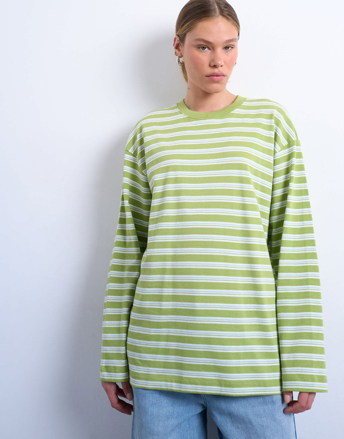 Topshop stripe long sleeve slouchy skater tee in mint green