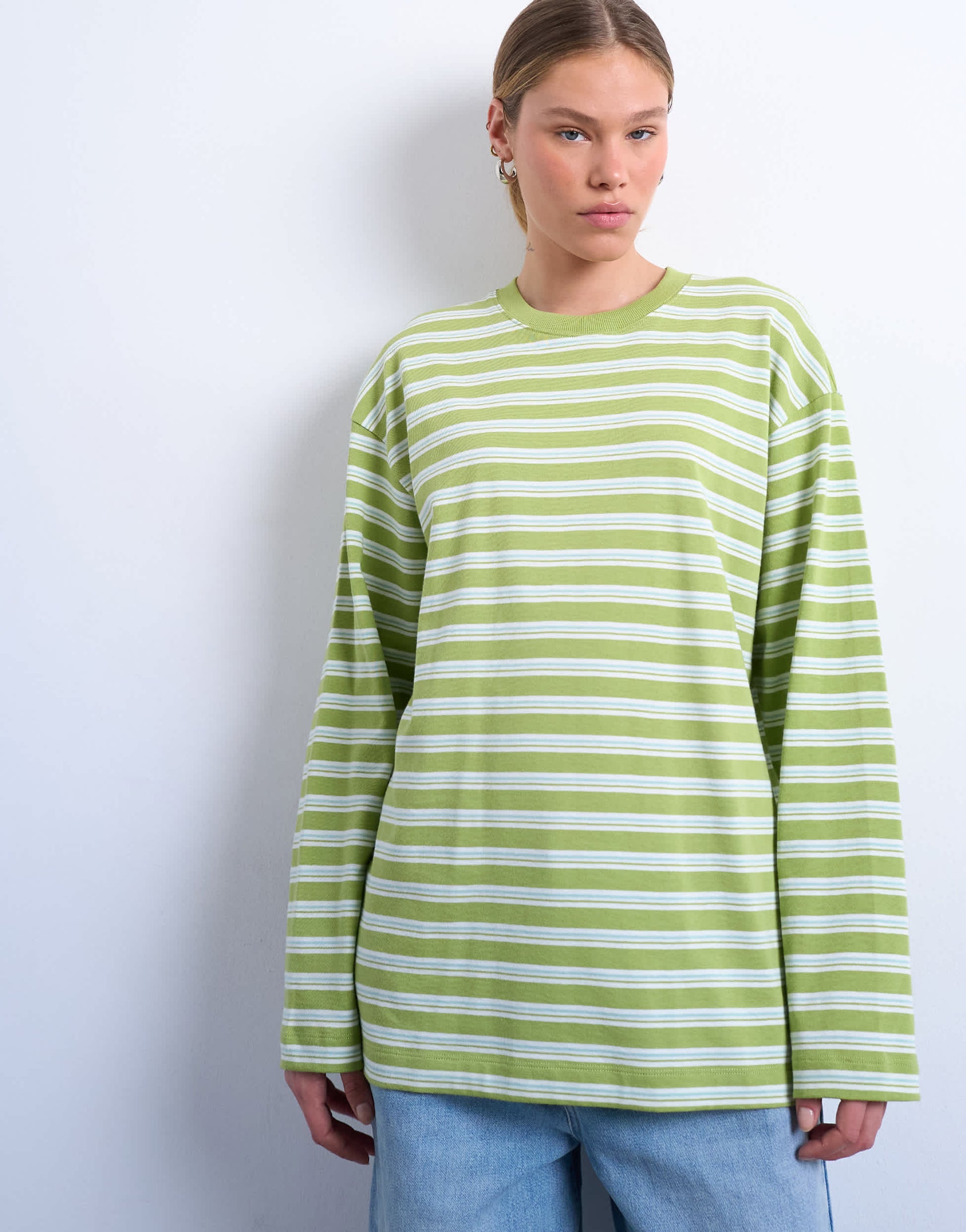 Topshop stripe long sleeve slouchy skater tee in mint green