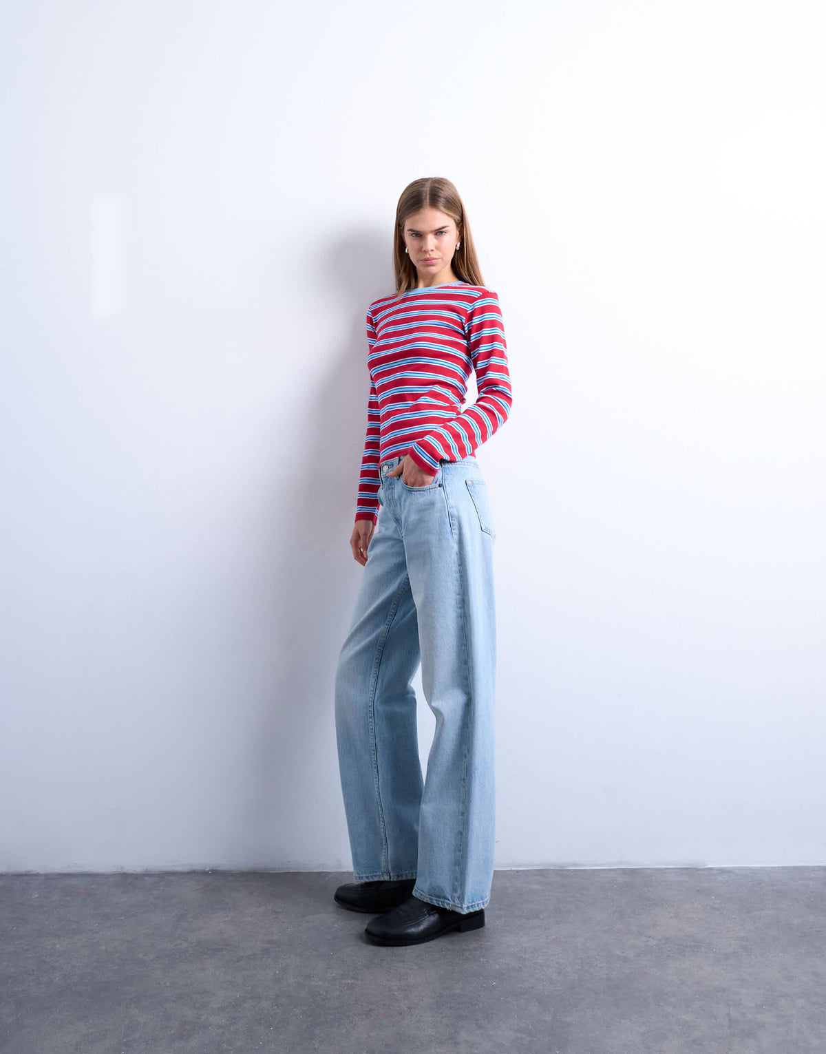 Topshop stripe long sleeve everyday tee in red and blue