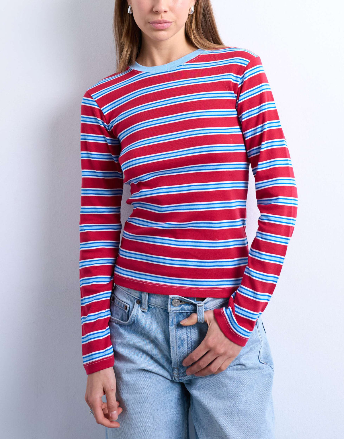 Topshop stripe long sleeve everyday tee in red and blue