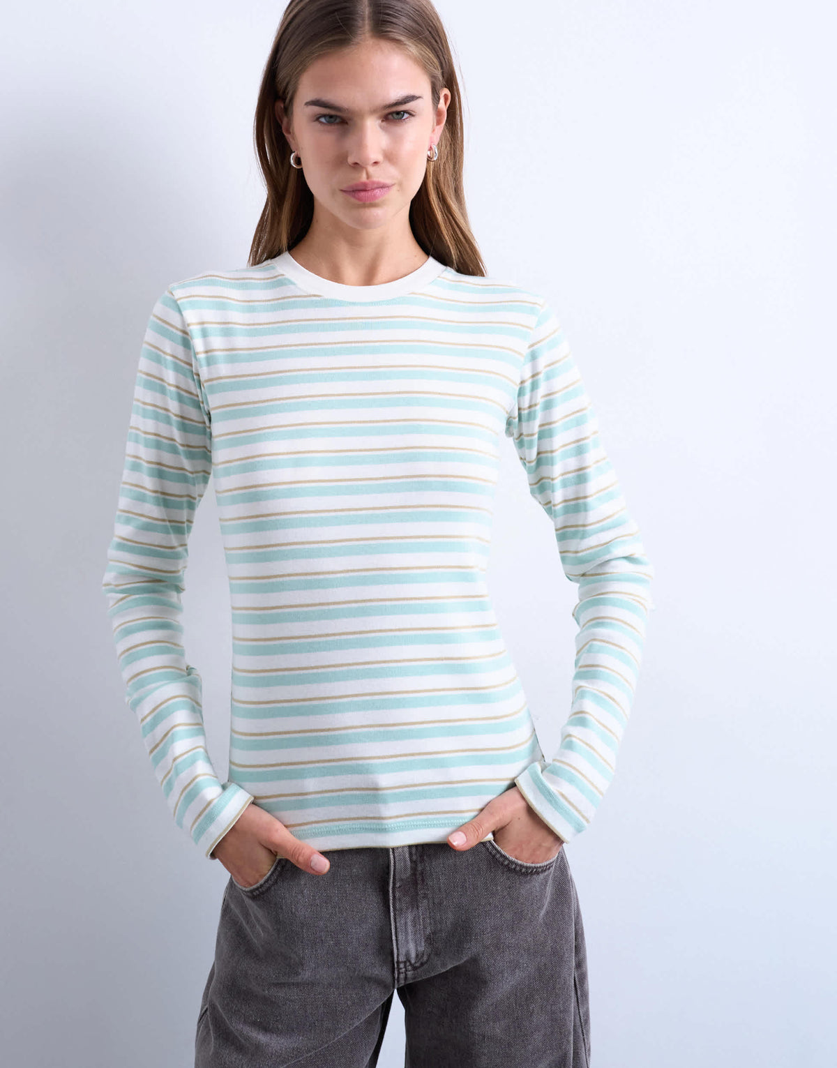 Topshop stripe long sleeve everyday tee in ecru