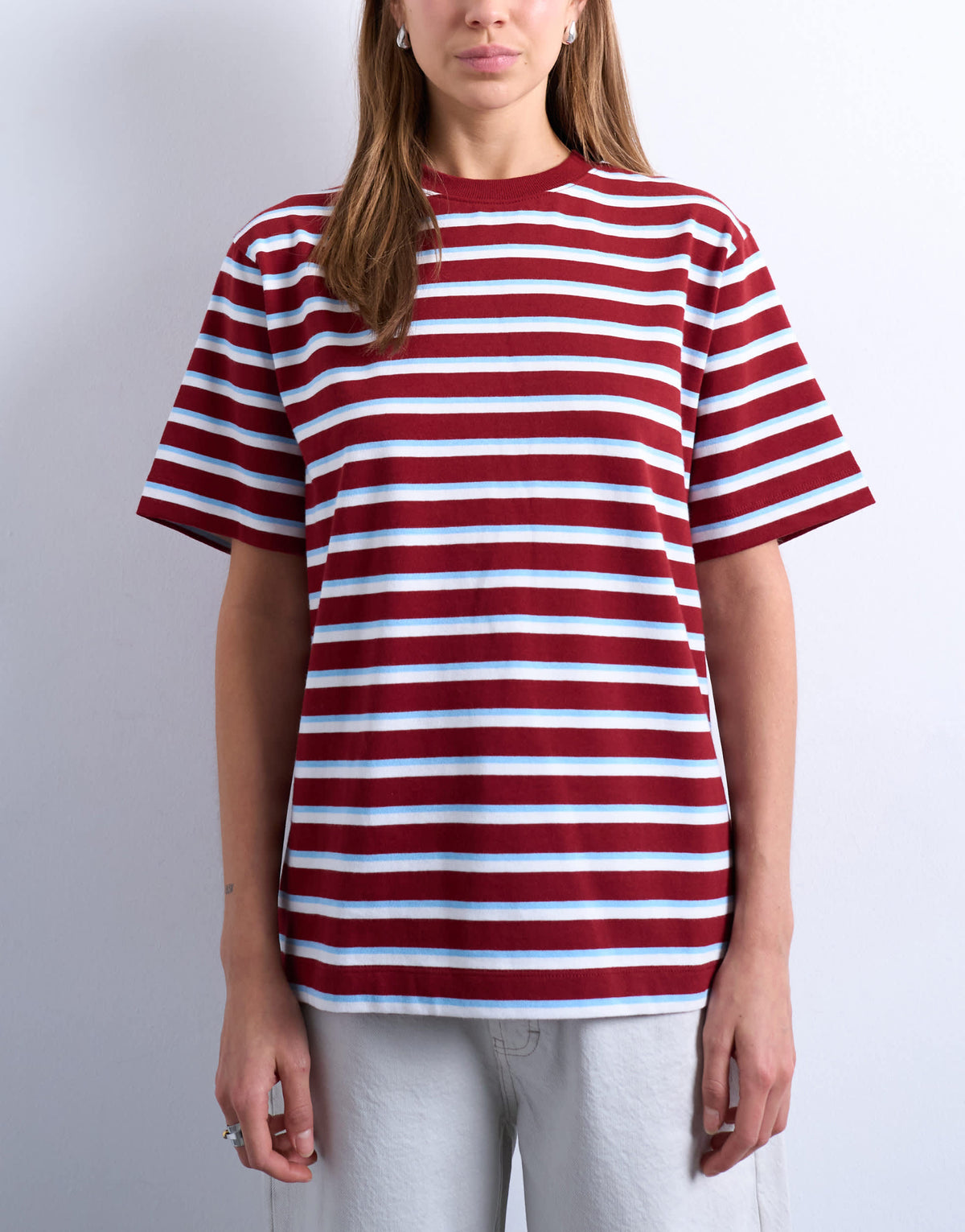 Topshop stripe premium basic short sleeve tee in burgundy 