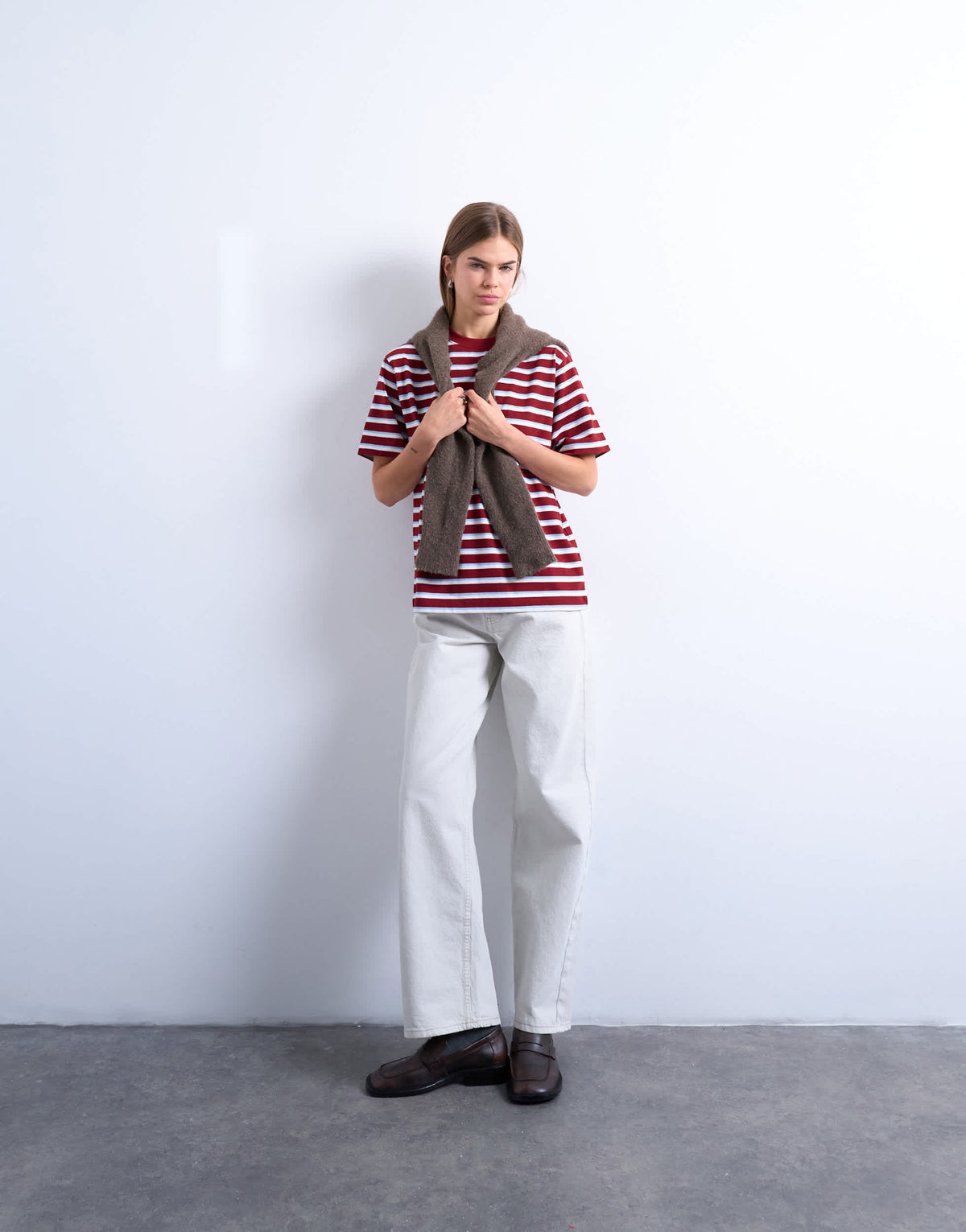 Topshop stripe premium basic short sleeve tee in burgundy 