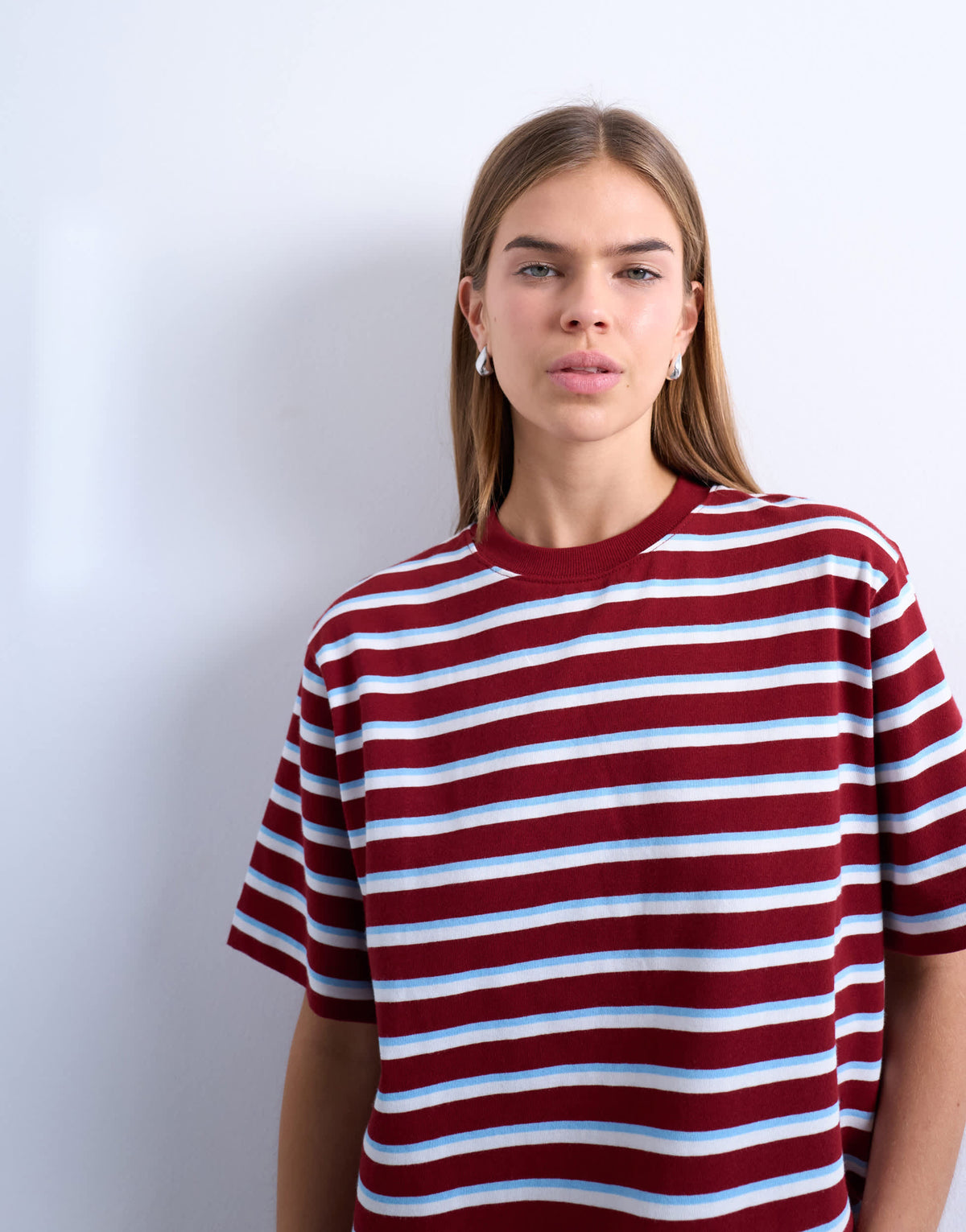Topshop stripe premium basic short sleeve tee in burgundy 