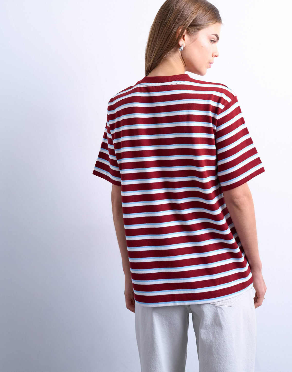 Topshop stripe premium basic short sleeve tee in burgundy 