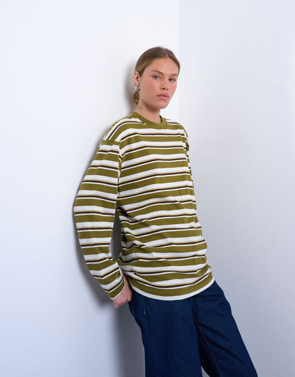 T-shirt ample à manches longues rayé Topshop, style skater, couleur kaki