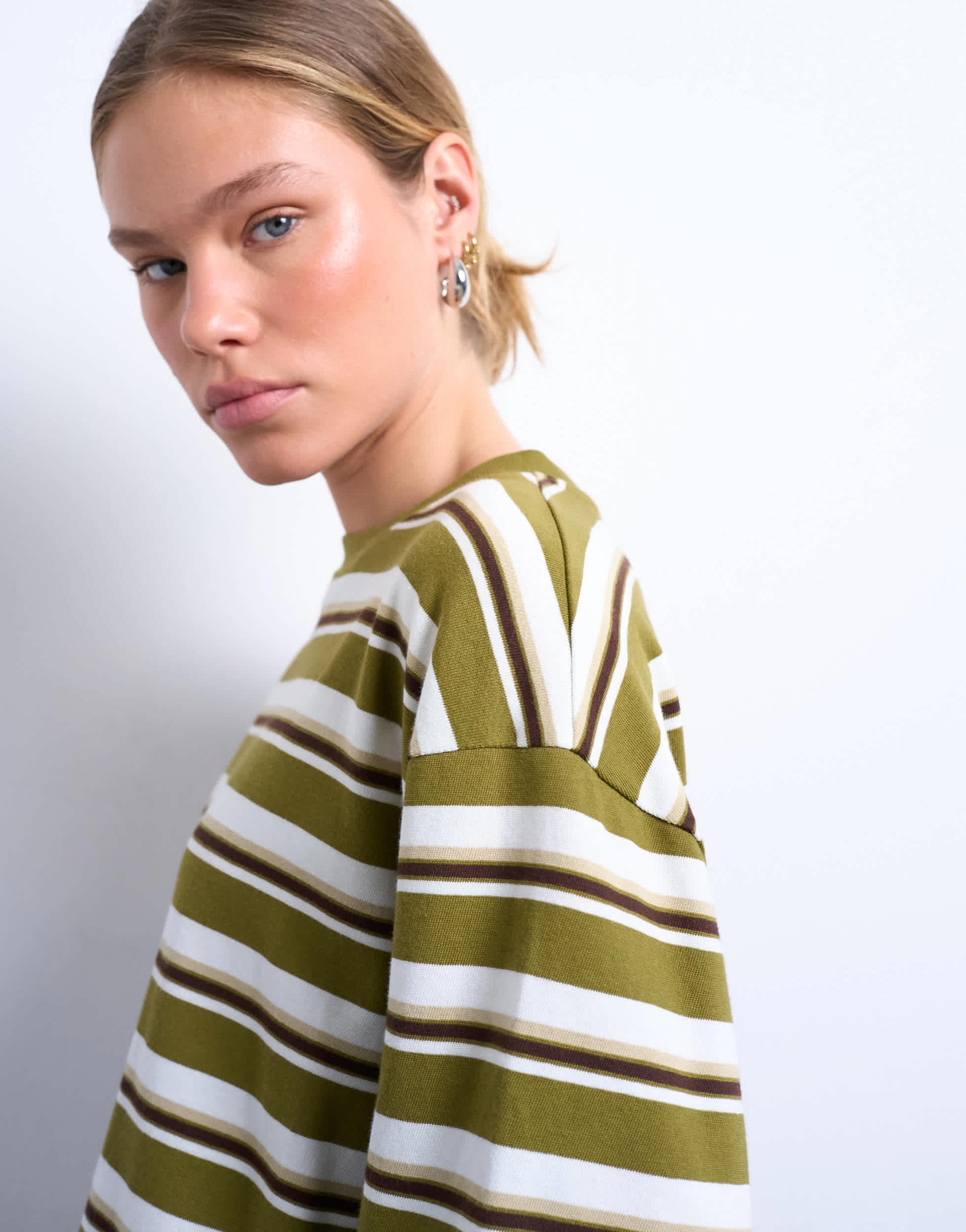 Topshop stripe long sleeve slouchy skater tee in khaki 