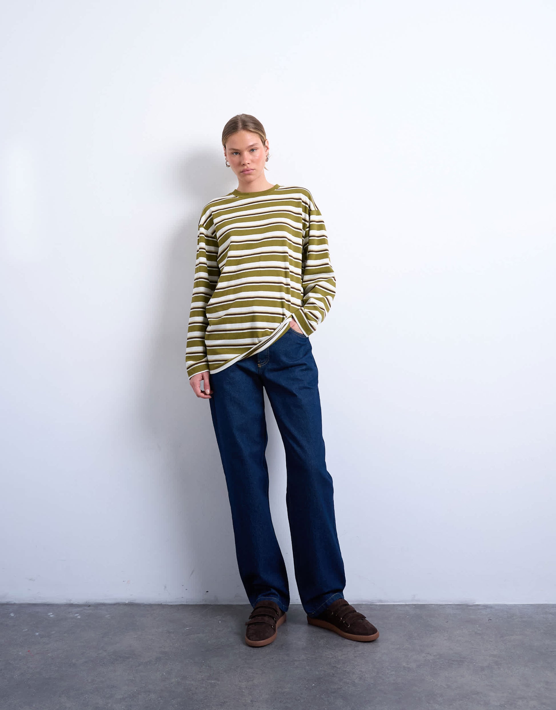 Topshop stripe long sleeve slouchy skater tee in khaki 