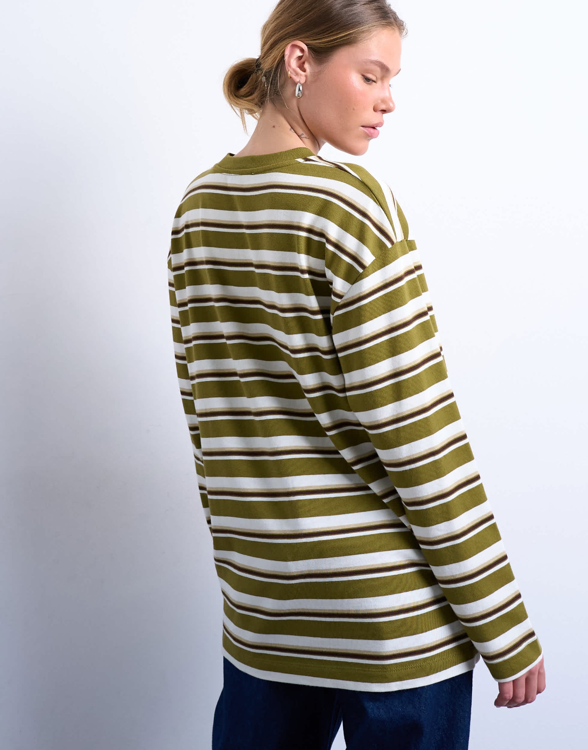 Topshop stripe long sleeve slouchy skater tee in khaki 