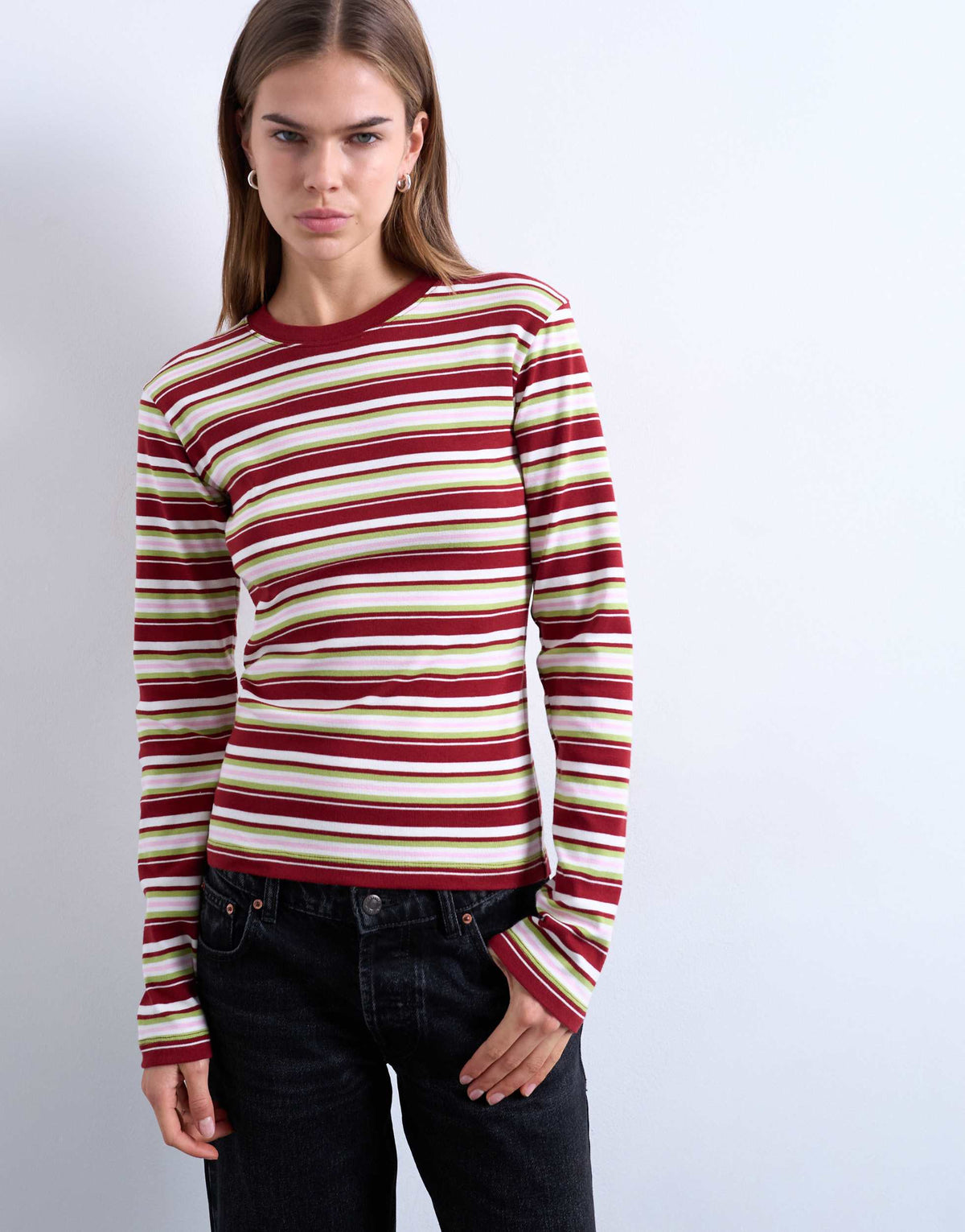 Topshop stripe long sleeve everyday tee in burgundy